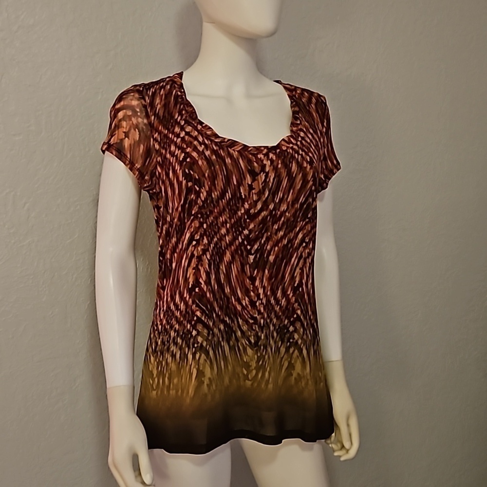 Vtg AXCESS Brown Ombre Swirl Mesh Overlay Short Sleeve Scoop Neck Blouse - Picture 2 of 9
